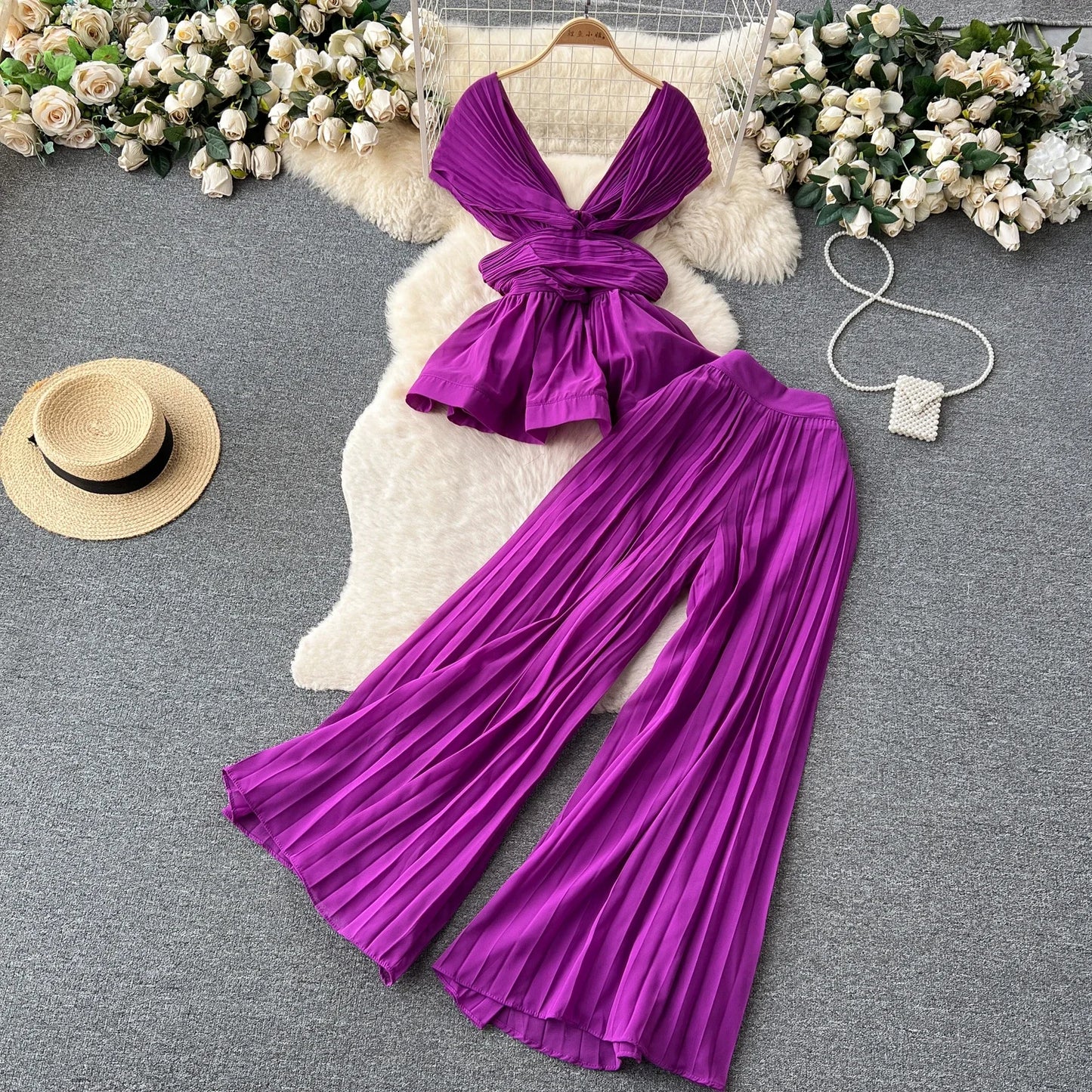 Sexy Two Pieces Sets Chic Pleated Sleeveless Off Shoulder Top with Fashion Hotsweet High Waist Wide Leg Pant Sets