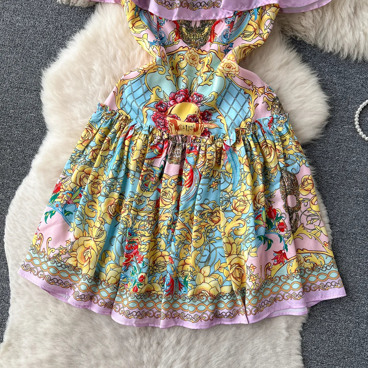 Women Elegant Vintage Print Dress 2023 Layered Ruffle Straight Neckline Strap Off Shoulder Dress For Holiday Summer Mini Dress
