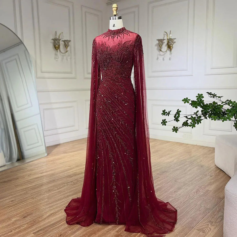 Serene Hill 2024 Nude Cape Sleeves Mermaid Lace Beaded Luxury Dubai Long Evening Dresses Gowns For Formal Occasion LA71885A