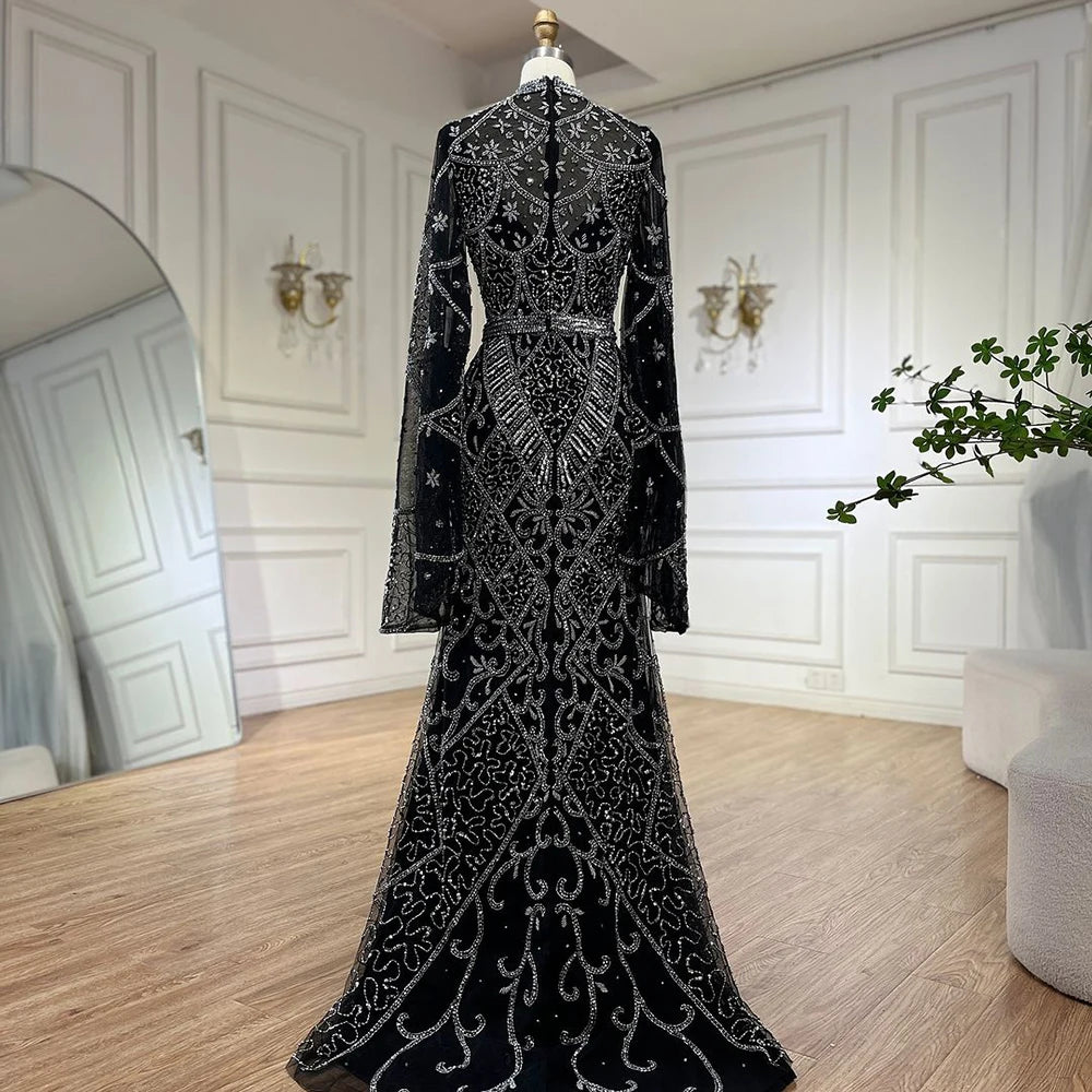 Serene Hill 2024 Muslim Nude Mermaid Elegant Bell Sleeve Beaded Luxury Dubai Long Evening Dress for Formal Occasion LA72316A