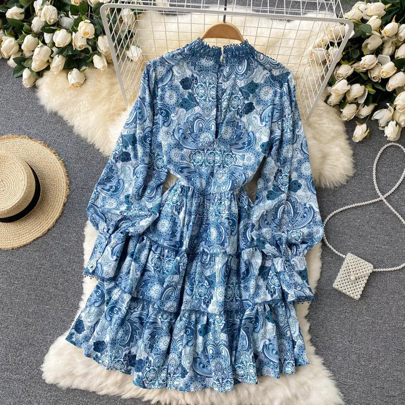 Spring Summer Women Dresses Elegant Vintage Print Holiday Bohemian Beach Dress Stand Collar Long Sleeve Ruffle Tiered Mini Dress