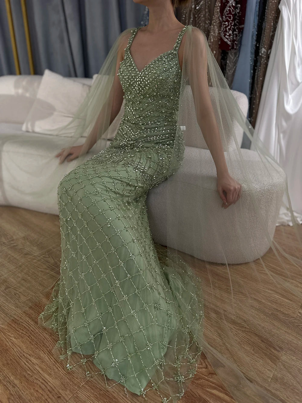 Serene Hill 2024 Arabic Nude Mermaid Cape Sleeve Beaded Luxury Saudi Evening Gown for Formal Occasion LA72748