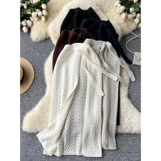 Korean Skirts Women Design Lace-up Waist Hollow-out Crochet Knitted Skirt Split Slim-fit Midi Long Skirts Women Two-piece Sets