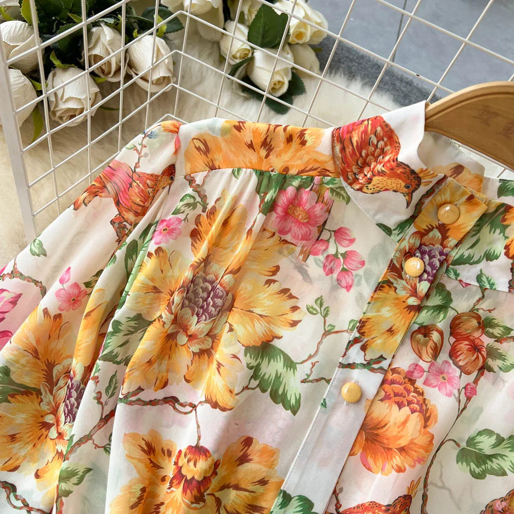 Spring Vacation Dresses For Women Long Sleeve Vintage Floral Print Dress Stand Collar Ruffle Hem Chiffon Mini Dress Tie Belt