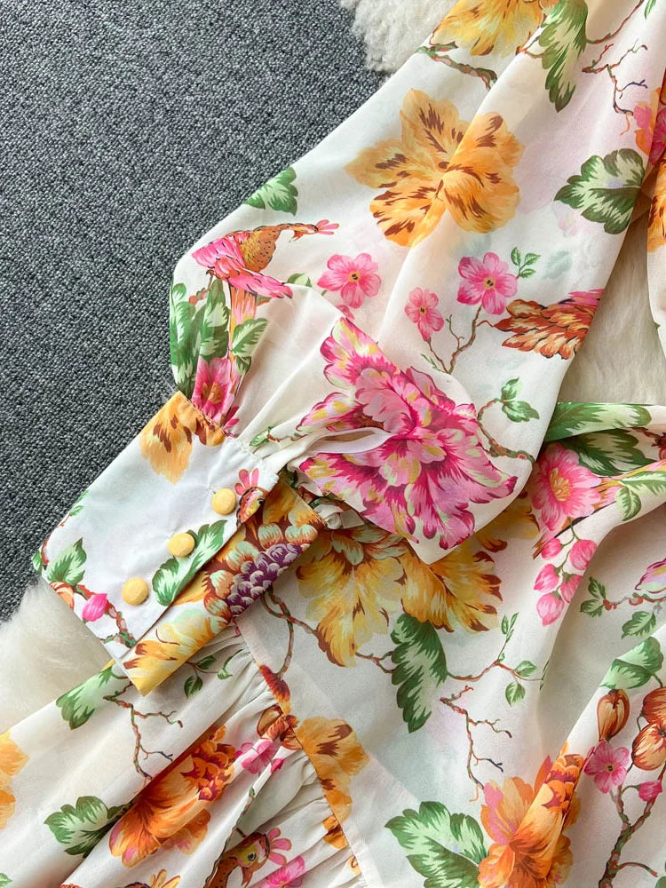 Spring Vacation Dresses For Women Long Sleeve Vintage Floral Print Dress Stand Collar Ruffle Hem Chiffon Mini Dress Tie Belt