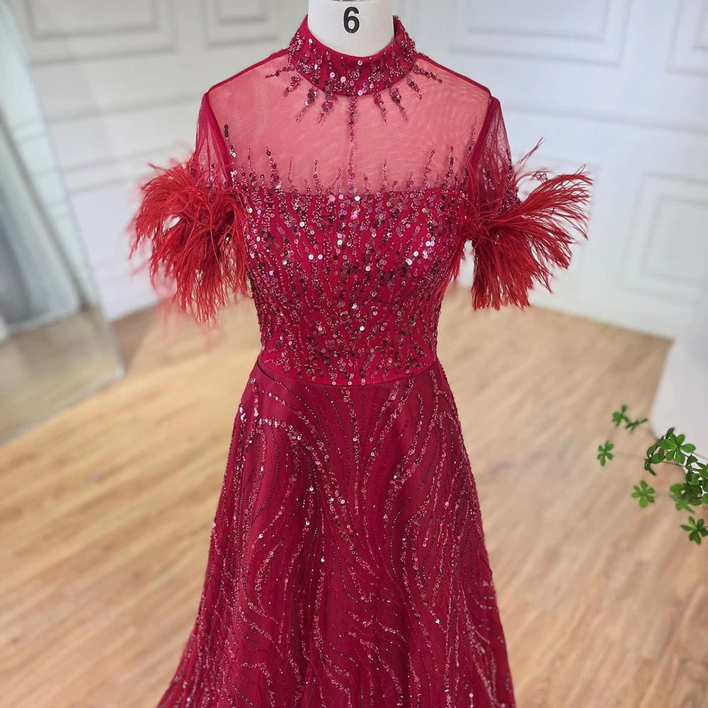 Serene Hill 2024 Arabic blue A Line Short Sleeveless Luxury Evening Dresses Beaded Feathers For Women Wedding Party LA72351