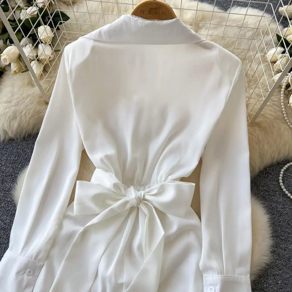 Elegant Solid Satin Midi Dress for Women Autumn Long Sleeve Lace Patchwork Office Work Shirt Dresses Lace-up Slim Waist Vestidos