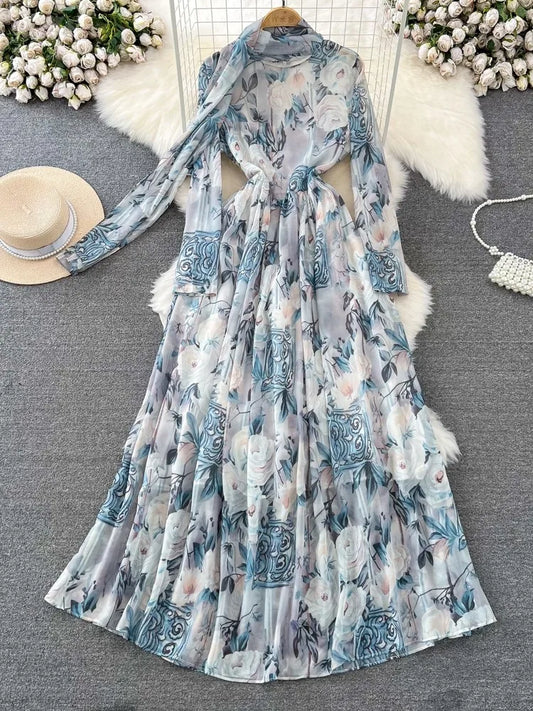 Elegant Chic A-Line Women Autumn Dress Long Sleeve Casual Floral Print Vintage Beach Holiday Vestidos Female Lace-up Robe Mujers