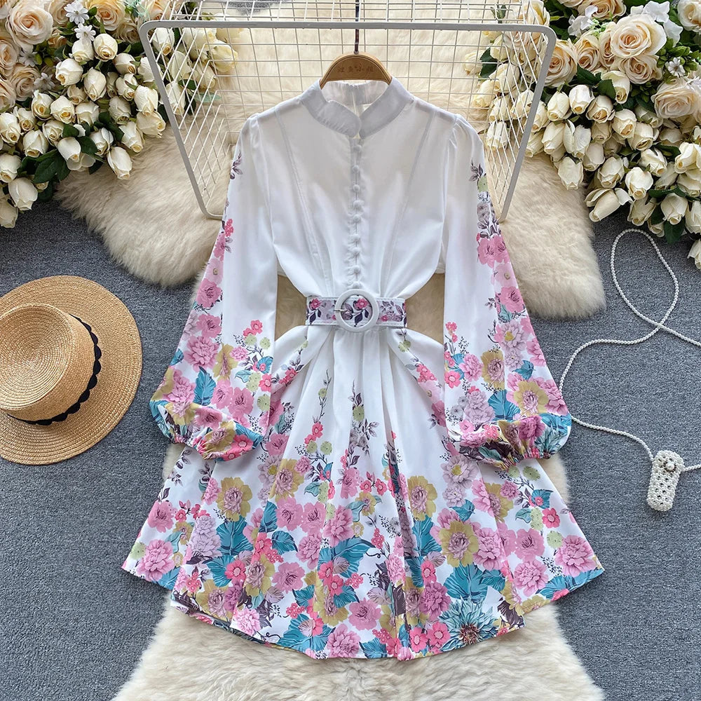 Spring Clothes For Women Vintage Floral Print Dress Stand Collar Long Sleeve Mini Dress With Belt Wedding Elegant Party Dresses