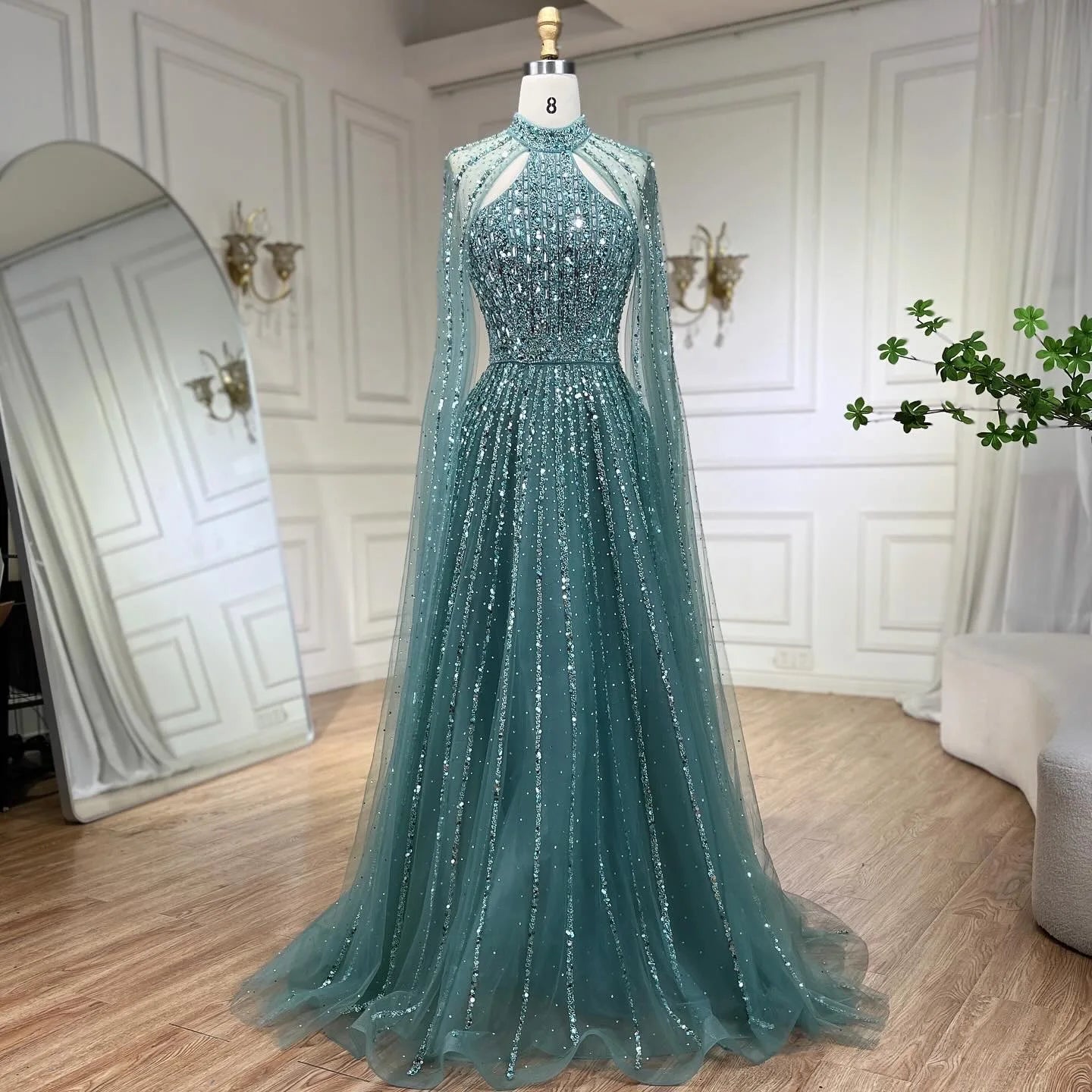 SERENE HILL 2024 Caramel Arabic Dubai Luxury Beaded Cape Sleeves Evening Dresses Formal Gowns For Women Wedding Party GLA72306A