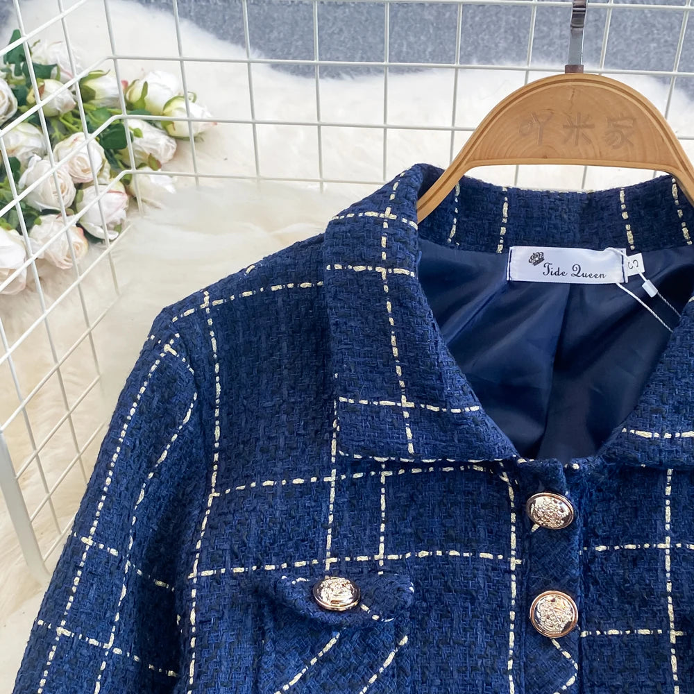 Women Checkered tweed Blazer 2-Piece Set Elegant Small Fragrance Wind Outfit Cropped Jacket+Mini Dresses Suit for Spring Autumn