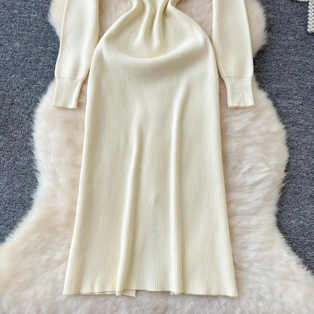 Elegant Solid Knitted Dress for Women Autumn French Vintage O-Neck Long Sleeve Fashion Evening Party Sweater Slim Midi Dresses