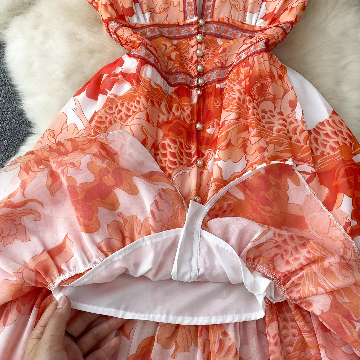 Short Dresses Women Cap Sleeve Vintage Print Chiffon Dress Faux Pearl Buttoned V Neck Ruffle Hem Wedding Elegant Party Dress