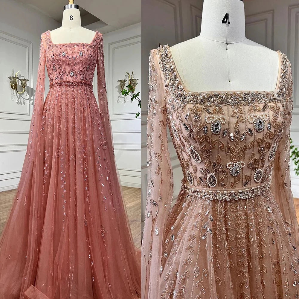 Serene Hill 2024 Muslim Pink A Line Beaded Elegant Cape Sleeve Luxury Evening Dresses Gowns For Women Wedding Party LA71803A