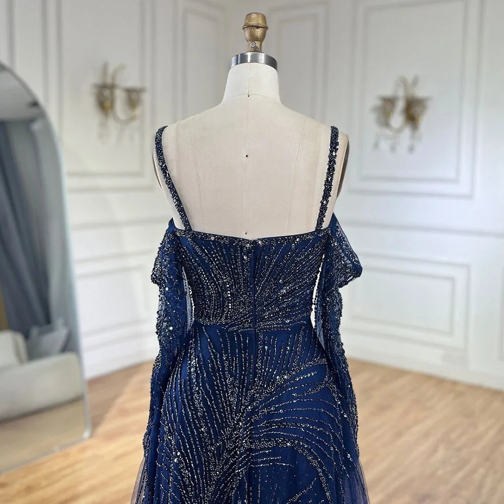 Serene Hill Arabic Navy Blue Spaghetti Strap Mermaid Beaded A-Line Elegant Long Evening Dress for Women Party 2024 LA72469
