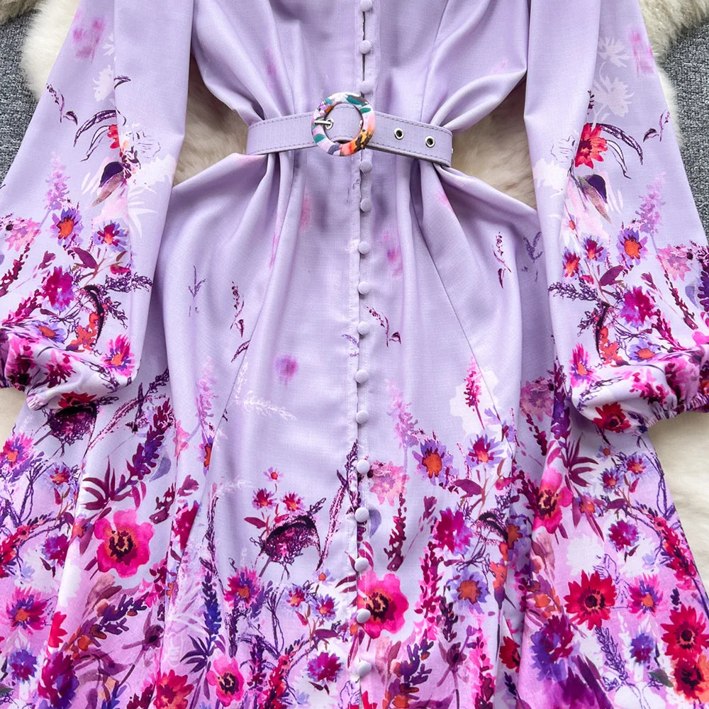 Spring Dresses 2024 Women Clothing Long Sleeve Party Elegant Dress With Belt Stand Collar Vintage Floral Print Holiday Dress