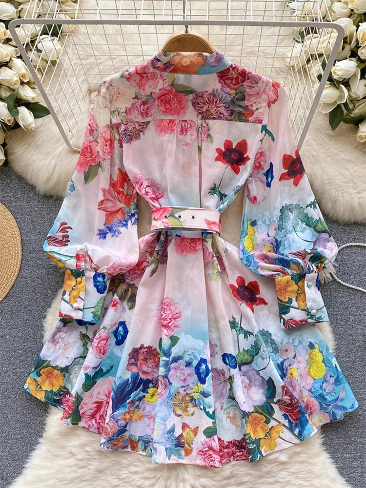 Mini Dresses For Women Frill Trim Long Sleeve Spring Vacation Dress Stand Collar Elegant Vintage Floral Print Dress With Belt
