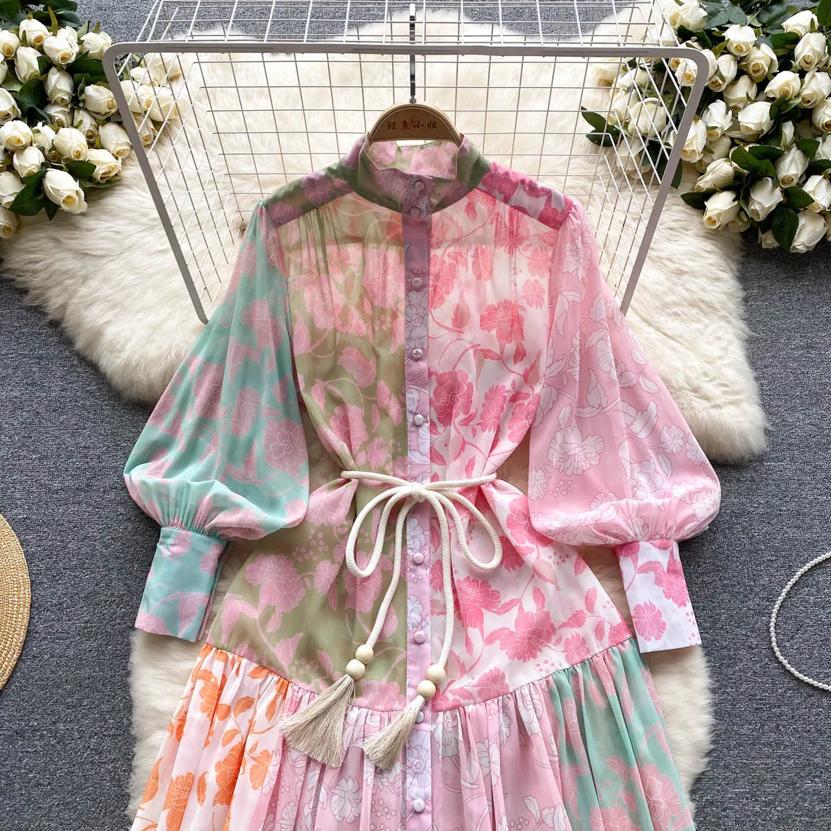 Chic Print Pleated Elegant Lantern Sleeve Dress A-line Casual Lace Up Vacation Party Dress Women Fashion Autumn Spring Vestidos