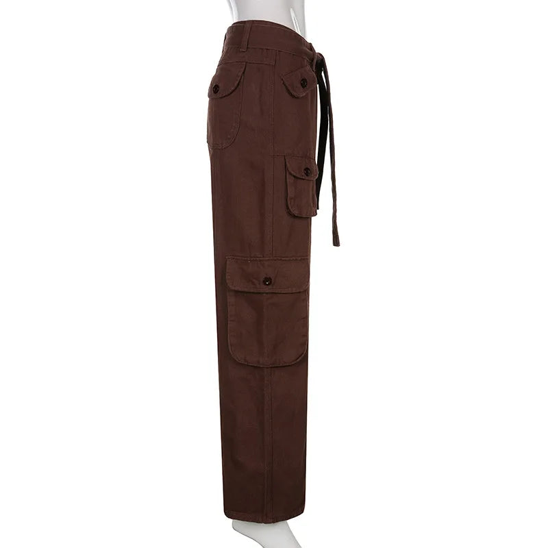 Women's High Waist Cargo Pants with Lace Belt Street Multi Pocket Straight Leg Casual Trousers Spring Autumn New Y2K Vintage