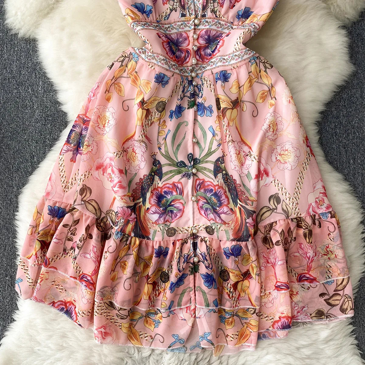 Short Dresses Women Cap Sleeve Vintage Print Chiffon Dress Faux Pearl Buttoned V Neck Ruffle Hem Wedding Elegant Party Dress