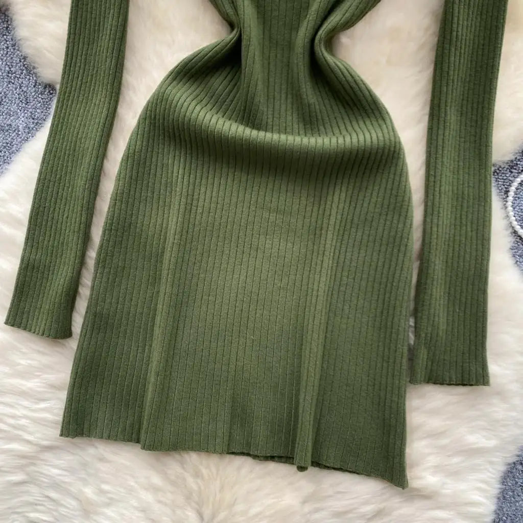 Y2k French Vintage Knitted Dress for Women Autumn Bodycon V-neck Long Sleeved Solid Simplicity Fashion Causal A-line Dresses