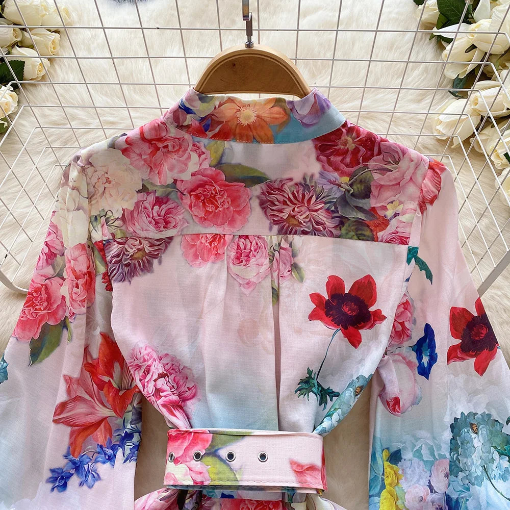 Mini Dresses For Women Frill Trim Long Sleeve Spring Vacation Dress Stand Collar Elegant Vintage Floral Print Dress With Belt