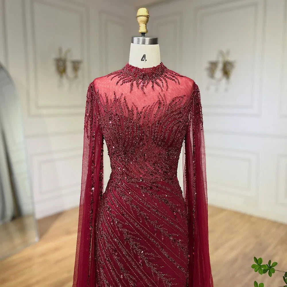 Serene Hill 2024 Nude Cape Sleeves Mermaid Lace Beaded Luxury Dubai Long Evening Dresses Gowns For Formal Occasion LA71885A