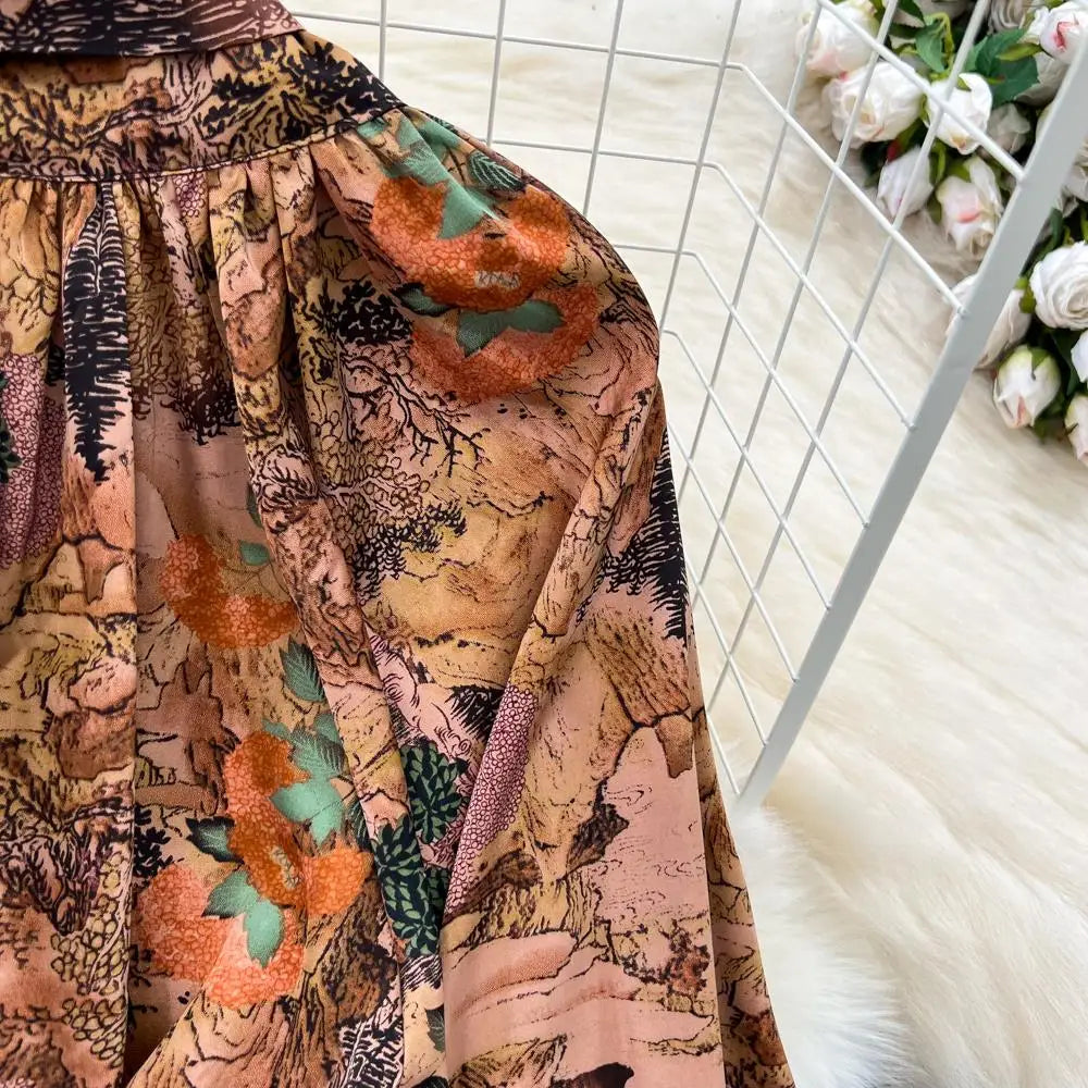 Elegant Casual A-Line Vintage Ruffle Print Long Dress Autumn Lantern Sleeve Party Boho Dresses Beach Holiday Female Vestidos