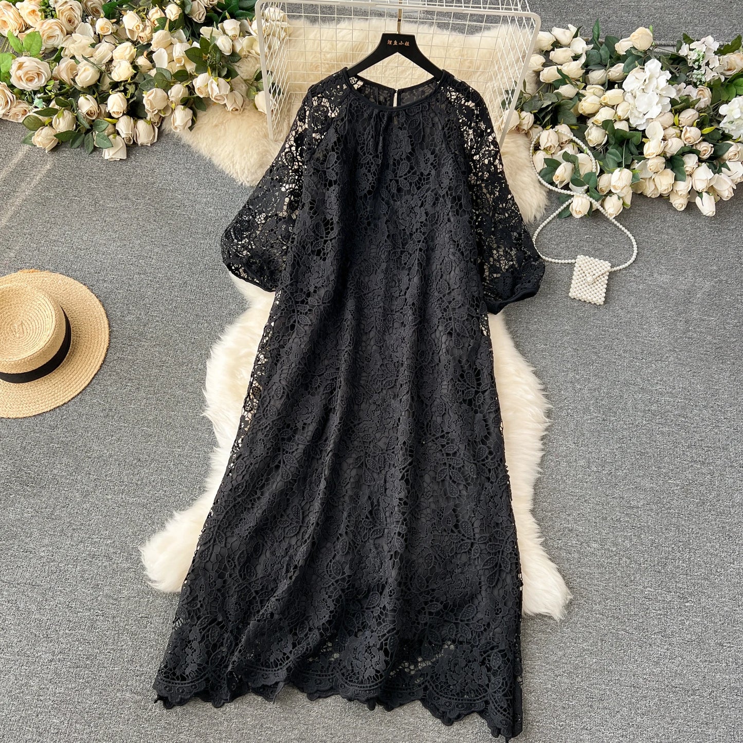 Chic Long Sleeve O Neck Lace Hook Flower Hollow Loose Dress Chiffon A-line Casual Dresses Fashion Women Elegant Vestidos
