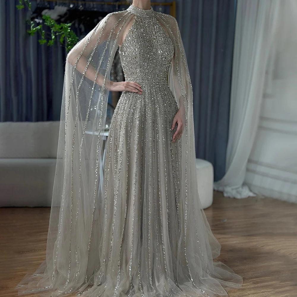 Serene Hill 2024 Arabic Caramel A Line Cape Sleeve Beaded Luxury Saudi Evening Dresses Gowns For Formal Occasion LA72306B
