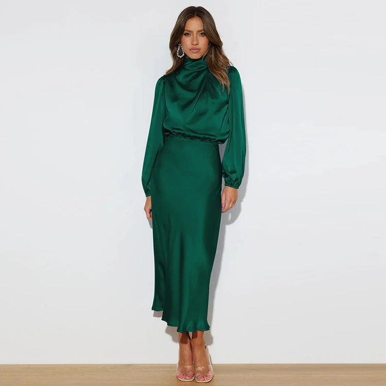 Spring Summer New High-End Satin Long Sleeved Dress Women's Ladylike Elegant Evening Dress Party Clothes Celebrity Dresses