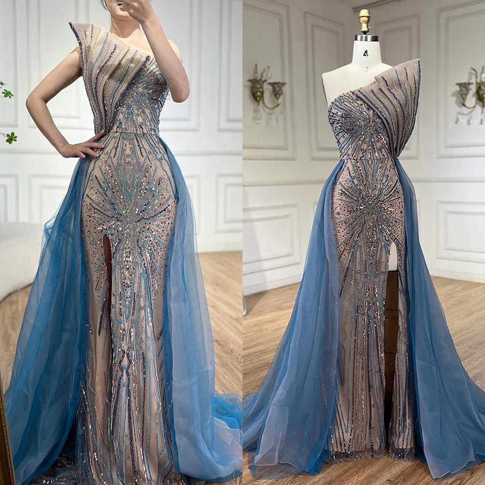 Serene Hill Blue High Split With Overskirt Mermaid Luxury Beaded Dubai Evening Dresses for Women Wedding Party 2024 LA71921A