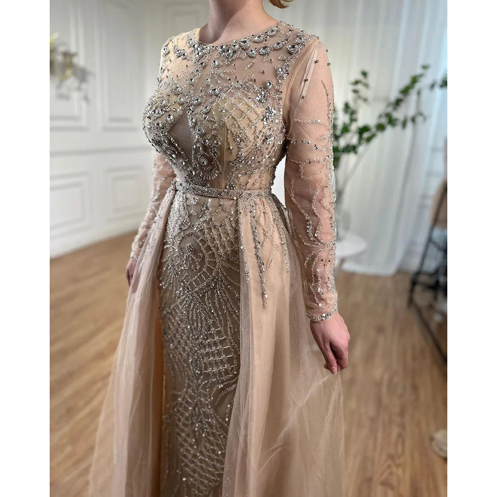 Serene Hill Muslim Silver Nude Mermaid Gown with Detachable Overskirt Beaded Evening Dress for Women Wedding Party 2024 LA71919