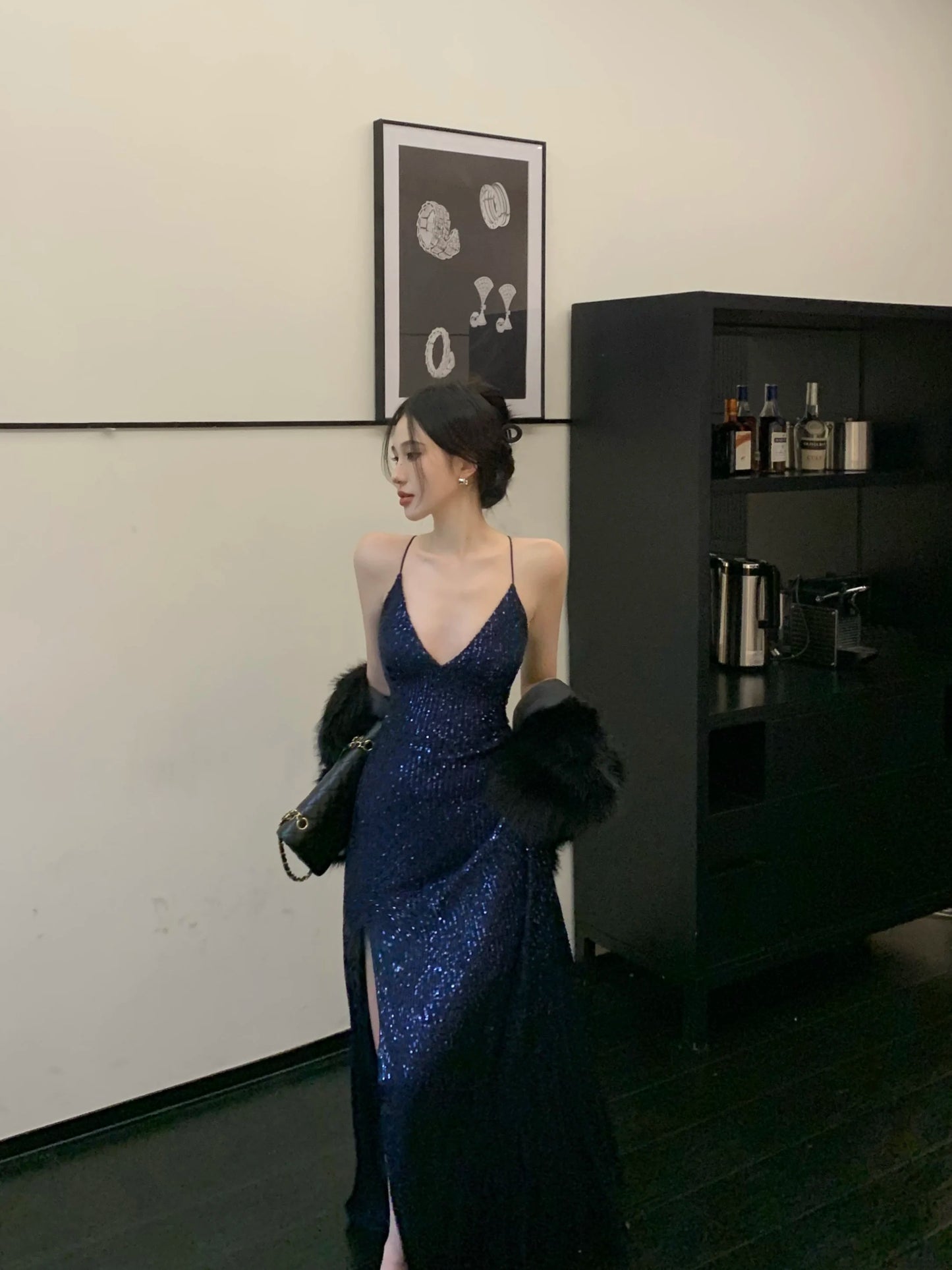 Women's Backless V-Neck Split Maxi Dress Sexy Slim Evening Gown Luxury Dresses Fashion Robe Birthday Party Spring Autumn New