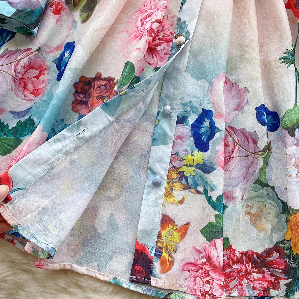 Mini Dresses For Women Frill Trim Long Sleeve Spring Vacation Dress Stand Collar Elegant Vintage Floral Print Dress With Belt