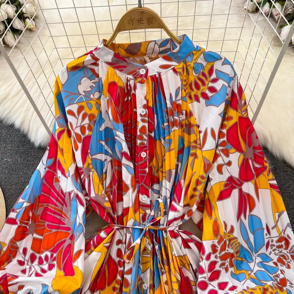 Elegant Women Casual Floral Print Party Dress Vintage Lantern Sleeve A-Line Pleated Prom Birthday Clothes Female Fashion Robe