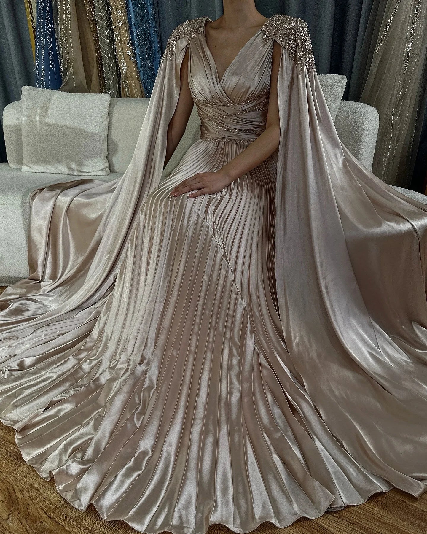 Serene Hill 2024 Nude Beaded Satin A-Line Saudi Arabic Evening Dress Gown with Cape Sleeves for Formal Occasion GLA72663