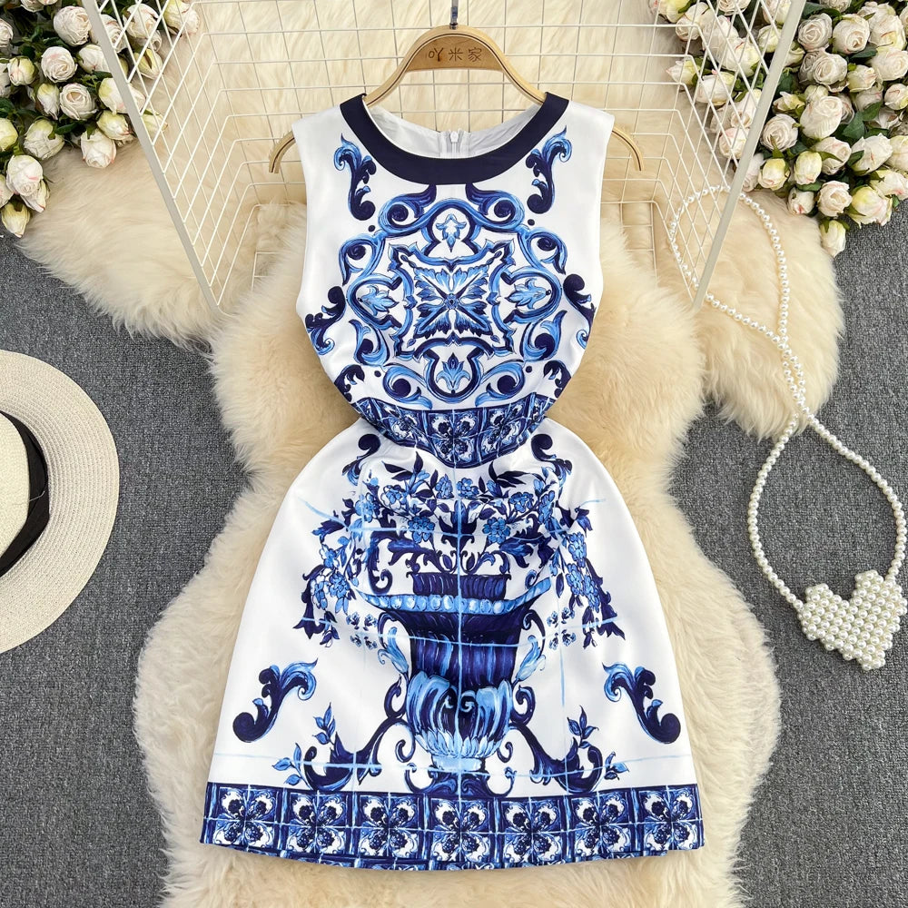 New In Dresses Summer Clothes For Women 2023 Fashion Elegant Vintage Print Party Dress Round Neck Sleeveless A Line Mini Dress