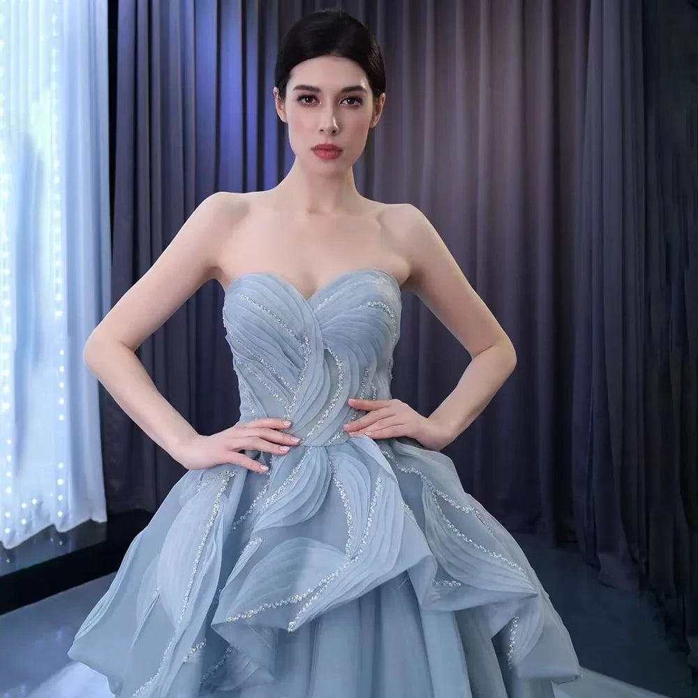 Serene Hill High End Custom Made Gray Blue Strapless Lace Up Beaded Luxury Ball Gown Bride Gowns Wedding Dress HM231064