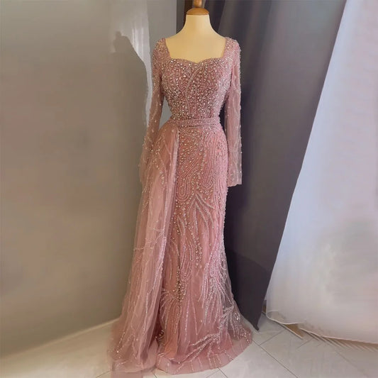 Serene Hill Arabic Pink Elegant Mermaid Overskirt Luxury Beaded Long Evening Dresses Gowns For Formal Occasion 2024 LA72441