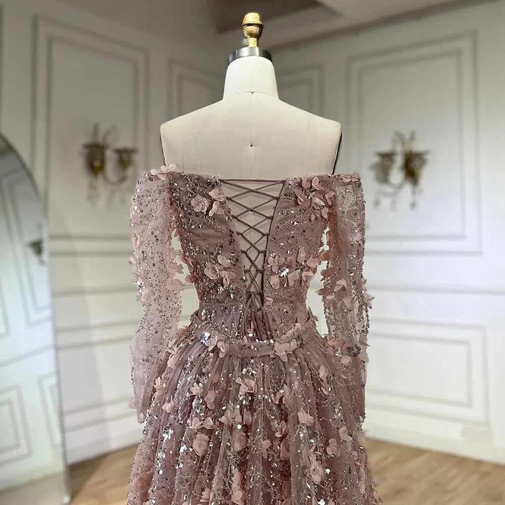 Serene Hill 2024 Pink Strapless Back Lace-Up Mermaid Evening Gown with Overskirt and Appliques for Women | Wedding Party LA72641
