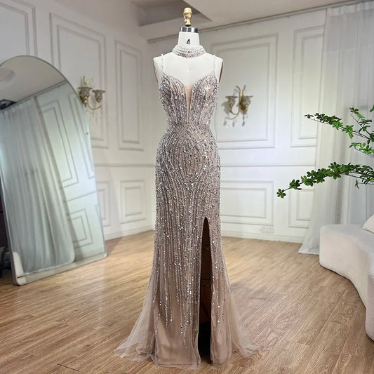 SERENE HILL 2024 Silver Nude Mermaid Spaghetti Straps Beaded Feathers Split Evening Dresses Long Gowns For Woman Party GLA72047B