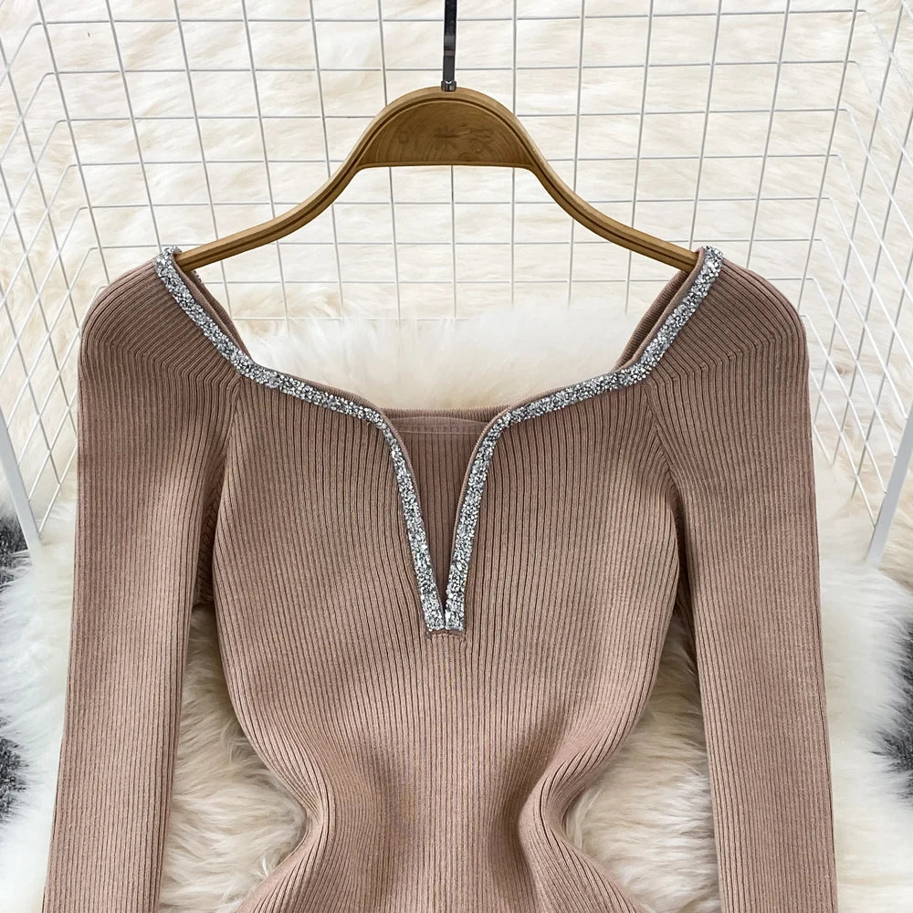 Chic Elegant Glitter V Neck Long Sleeve Elastic Bodycon Dress Sexy Fashion Knit Pencil Vestidos Slim Autumn Winter party robe