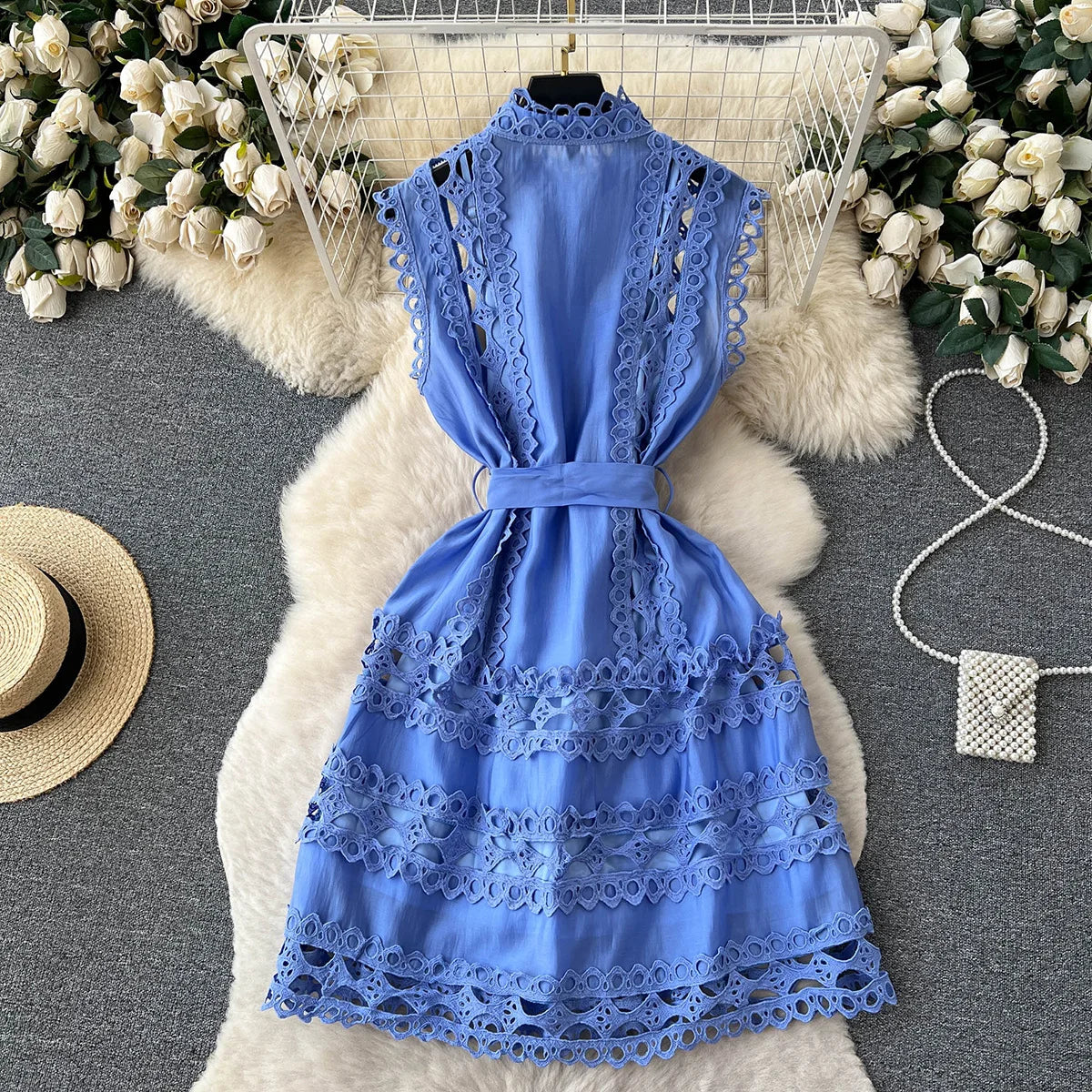 Summer Clothes Dresses For Women 2023 Elegant Vintage Embroidery Lace Dress Sleeveless Stand Neck Button Up Mini Dress With Belt