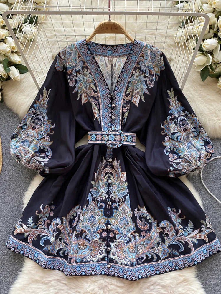 Bohemian Dresses For Women 2024 V Neck 3/4 Sleeve Spring Summer Vacation Mini Dress With Belt Boho Vintage Paisley Print Dress