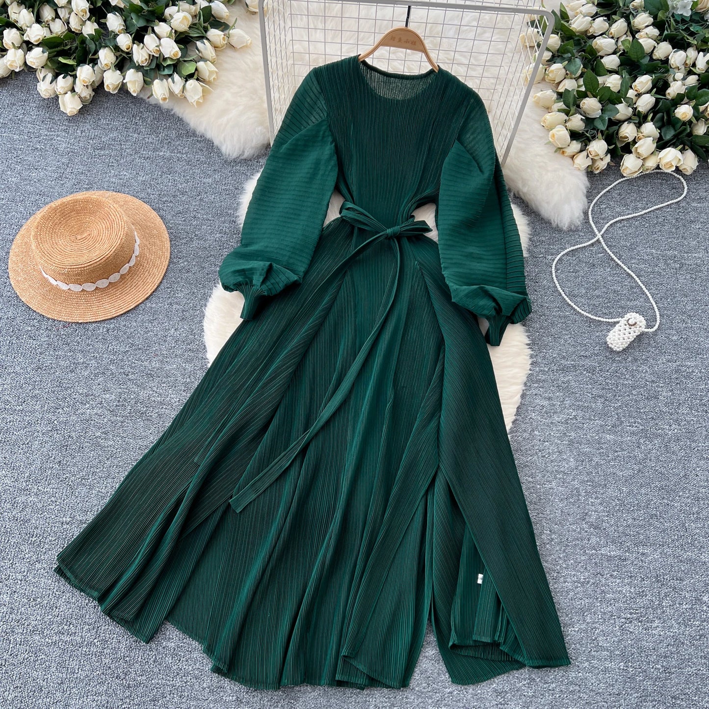 Vintage  Elegant Lantern Sleeve Sweet Pleated Dress Women Basics Fashion Summer Spring Dresse