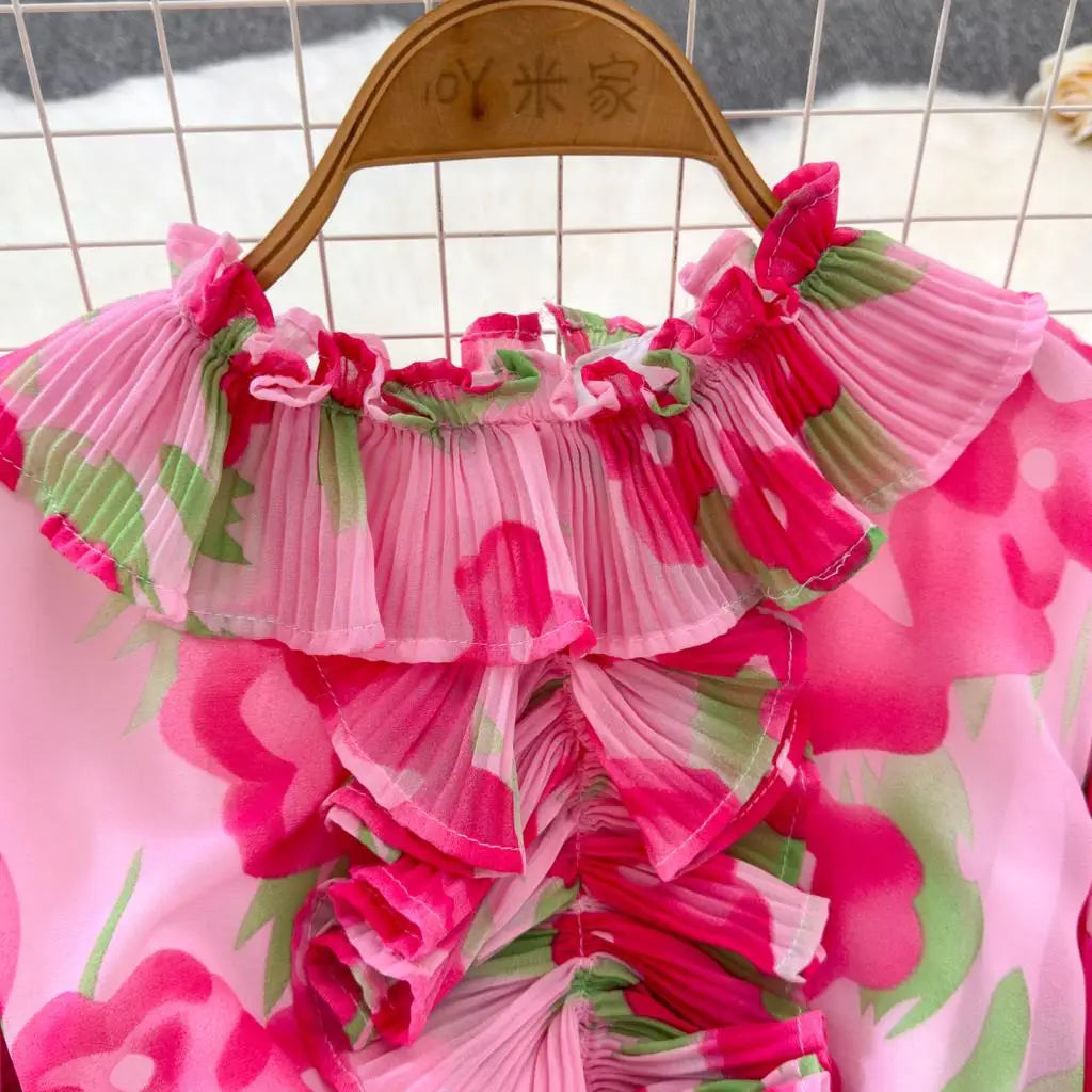 Summer Vintage Casual A-Line Floral Print Women Dress Elegant Chic Pleated Party Prom Vestidos with Belted Female Long Robe