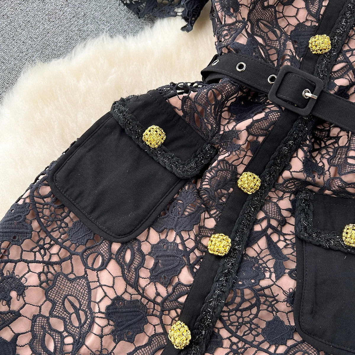 Luxury Wedding Elegant Party Dresses Women Golden Button Openwork Lace Dress Square Neck Short Sleeve Black Mini Dress With Belt