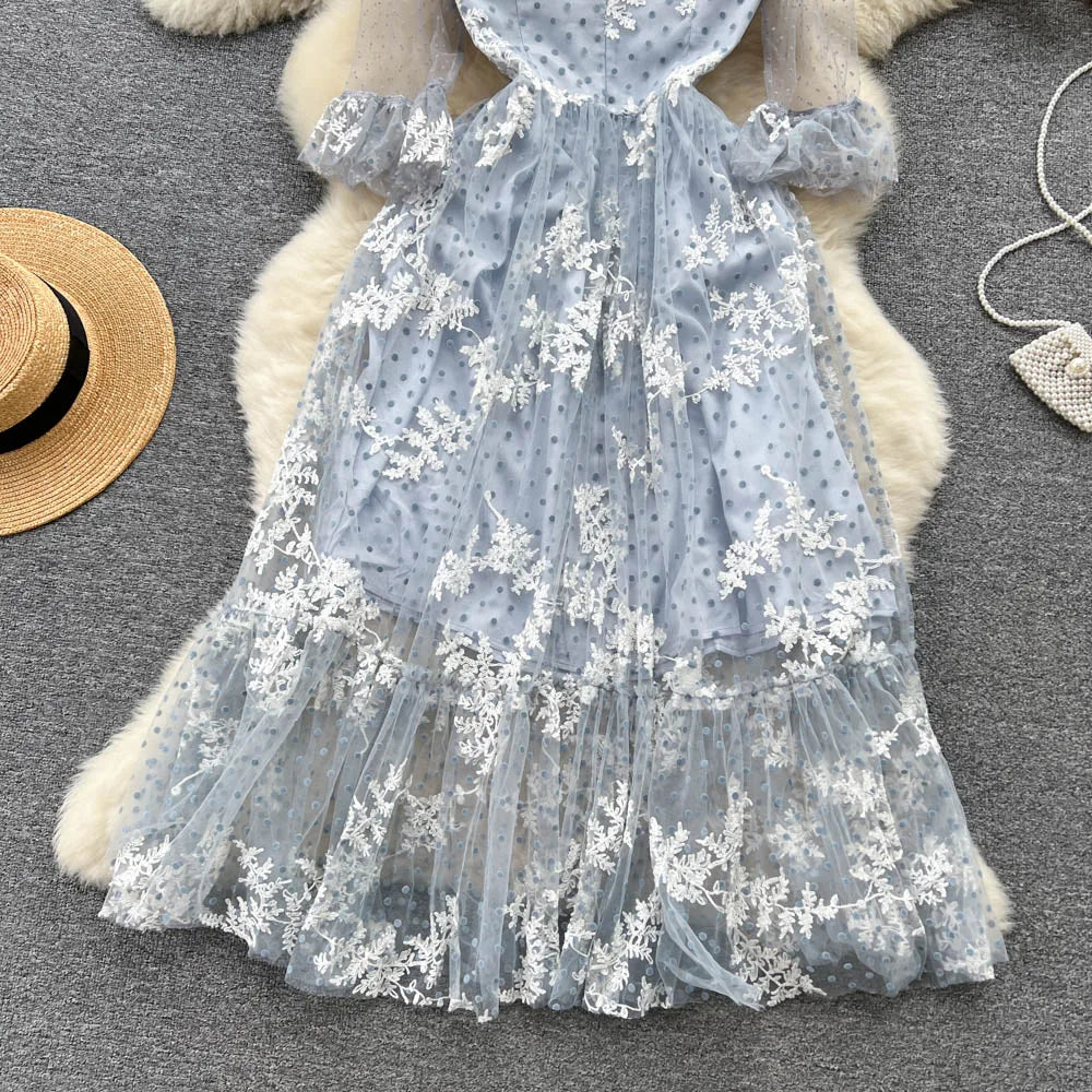 High Quality France Style Mesh Dress Women Long Ruffles Sleeves O Neck Embroidery Dot Zipper Ruched Gentle Party Sundress