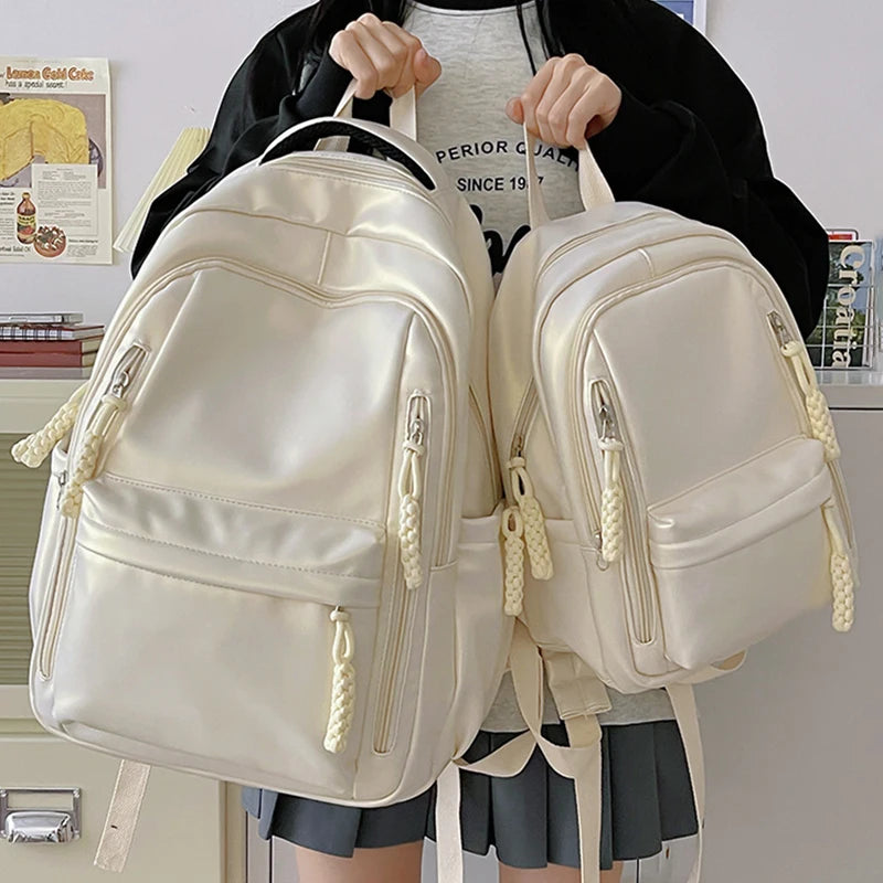 Korean Fashion College Student School Bags Women's New Trendy Casual Glossy Leather Backpacks Versatile Large Capacity Handbags